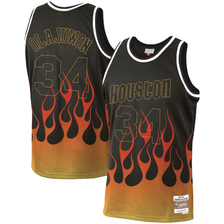 Camiseta NBA Houston Rockets Hakeem Olajuwon 34 Flames Mitchell & Ness Retro Negra